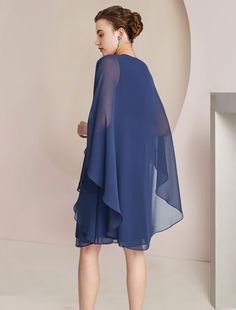 A-Line Mother of the Bride Dress Wedding Guest Elegant Petite Jewel Neck Knee Length Chiffon Long Sleeve with Crystals Ruffles Knee-length Chiffon Dress For Wedding, Flowy Knee-length Chiffon Wedding Dress, Chiffon Cape, Dress Wedding Guest, Chiffon Long Sleeve, Mother Of The Bride Dress, Cape Dress, Jewel Neck, Wedding Bridesmaid Dresses