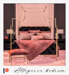 a bed with pink sheets and pillows in a room