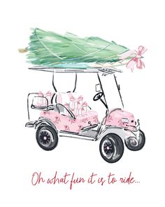 a drawing of a golf cart with pink flamingos on the front and green roof