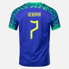 the back of a blue jersey with green leaves on it and yellow lettering that reads, derrinha