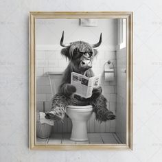 a black and white photo of a bull sitting on top of a toilet reading a newspaper