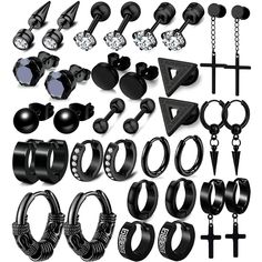 PRICES MAY VARY. Improved Packaging: You get 17 pairs of black earrings for men all stored nice and neat in a dope keepsake box. Breakdown is 8 pairs of diff styled studs - some even got that icy CZ bling. Also included are 6 pairs of circle hoops and 3 pairs of dangle hoops that swing. Premium Material: Crafted from premium surgical stainless steel. Meaning no irritating nickel or lead if your ears act up. Smooth polished surface feels buttery fresh in those piercings too. Perfect if cheap meta Stainless Steel Earrings Studs, Stainless Steel Cross Pendant, Stud Fashion, Mens Earrings Hoop, Simple Hoop Earrings, Earring Kit, Stud Earrings For Men, Earrings For Men, Gothic Earrings