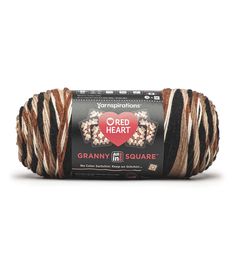 red heart granny and square yarn in brown, black, white and tan stripes on a white background