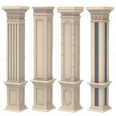 four tall white pillars are shown in three different positions, each with blue tape on them