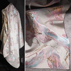 two pictures of the same fabric, one with pink and blue flowers on it's side