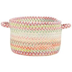 a multicolored basket with handles