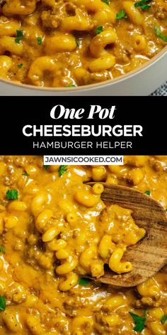 one pot cheeseburger hamburger helper in a white bowl with a wooden spoon