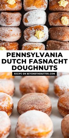 several different types of doughnuts on display with the words pennsylvania dutch fassant doughnuts