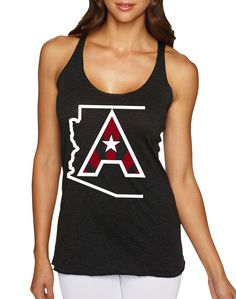 Arizoniacs Logo Women's Tank - Black/White 50% polyester/25% combed ring-spun cotton/25% rayon, 32 singles 4.3 ounce tri-blend racerback tank. Extremely soft, comfortable and stretchy. Tri-blend fabric has a heather look for all colors. Fabric laundered for reduced shrinkage. 4”Arizoniacs logo on the back Athletic Tank Tops, Black White