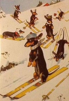 a painting of dogs on skis in the snow