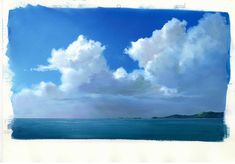 a painting of clouds over the ocean on a sunny day