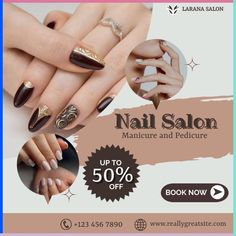 an advertisement for nail salon with manicure and pedicture