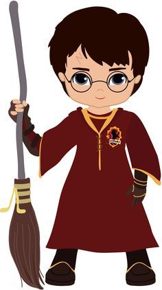 a boy dressed as harry potter holding a broom and wearing glasses with the hogwart's crest on it