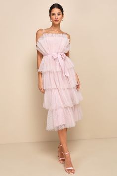 Wishing for Whimsy Blush Pink Swiss Dot Ruffle Tiered Midi Dress Ruffles Bridesmaid Dresses, Pink Ruffle Dress, Tulle Midi Dress, Wedding Guest Style, Frilly Dresses, Tulle Bridesmaid Dress, Pink Bridesmaid Dresses, Fashion Aesthetics, Tiered Midi Dress