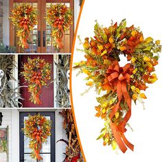 a collage of pictures showing different fall wreaths on the front and side of a house