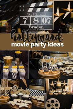 a movie party with black and gold decorations