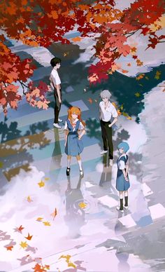 an anime scene with people standing in front of some trees and leaves on the ground