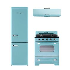 a blue stove top oven sitting next to a refrigerator