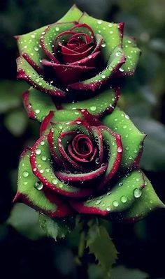 two red and green roses with water droplets on them, sitting in front of some leaves