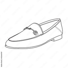 Women's Loafers Flat Slip On Shoes Line art, Technical sketch hand drawing outline vector doodle 3D Side Isometric view isolated on white background for coloring page Women's Loafers, Loafers For Women, Slip On Shoes