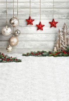 an image of christmas decorations hanging on the wall with snow and fir trees in the foreground