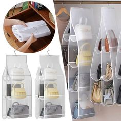 the hanging shoe organizer is organized with clear plastic bins and multiple compartments for shoes