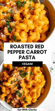 roasted red pepper carrot pasta in a white bowl with a serving spoon and title overlay