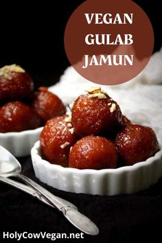 Gulab jamuns stacked in white ramekins with nut garnish. Gulab Jamun Recipe, Jamun Recipe, Indian Dessert, Cashew Cream, Raw Vegan Recipes