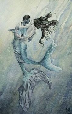 a drawing of two mermaids hugging each other