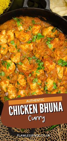 chicken bhuna curry in a skillet with rice and cilantro on the side