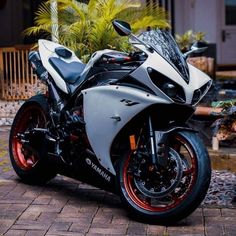 a white and red motorcycle parked on top of a brick road next to a palm tree