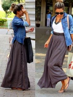 Skirt-shirt-jeans jacket-shades-necklace-belt-flats-shopping dress-want to wear Sukienki Maksi, Butterfly Gif, Rok Outfit, Skirt Diy, Rock Outfit, Maxi Skirt Outfits, Skirt Maxi, Mode Casual, Spring Fashion Trends