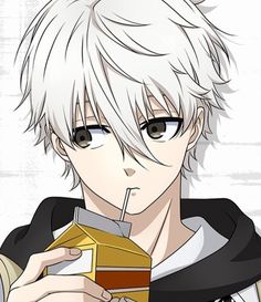 an anime character holding a drink in his hand