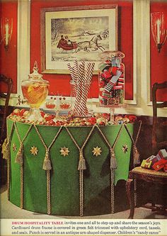 an old fashioned christmas table with candy and candies