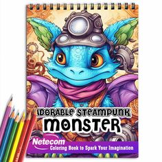 a coloring book with an image of a blue dragon on the cover and colored pencils next to it