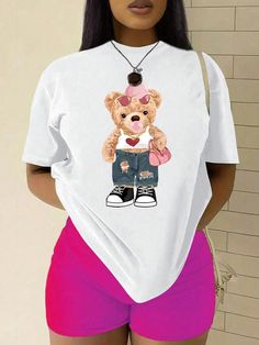 Playeras Para Dama De Moda Cuello Redondo Casual Tenis Manga Corta OSO EstampadoPlayeras Para Dama De Moda Cuello Redondo Casual Tenis Manga Corta OSO Estampado Blanco Casual,Calle  manga corta Poliéster Animal,Dibujos animados,Frase  Elástico Ligero Primavera/Verano/Otoño Women Clothing, size features are:Bust: ,Length: ,Sleeve Length: Trendy Cartoon Print Crew Neck Top, Casual Crew Neck Top With Cartoon Print, Trendy Crew Neck Top With Cartoon Print, Casual White Tops With Cartoon Print, White Casual Top With Cartoon Print, Animal Cartoon, Cartoon Bear, Women T Shirts, Bear Print