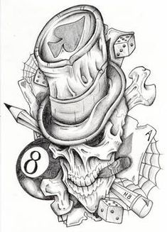 a pencil drawing of a skull with a hat on it's head and some dice