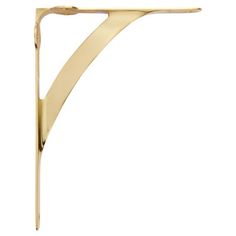 a gold plated metal shelf bracket with curved corners and an open end, on a white background