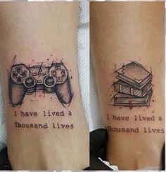 two tattoos on the legs of people with video game controllers and books written on them