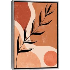 an abstract painting with leaves and circles on the bottom half of it, in shades of orange