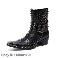 Men Fashion Punk Rivet Buckle Strap Pointy Toe Ankle Boot Youth Leather Shoes | eBay Winter Punk Style Closed Toe Boots, Punk Style Ankle Martin Boots For Spring, Punk Ankle-high Moto Boots With Studs, Punk Ankle-high Studded Moto Boots, Punk High Heel Martin Boots For Winter, Punk Style Spiked Winter Boots, Punk Style Ankle Moto Boots For Spring, Punk Spiked Winter Boots, Punk Style High-top Moto Boots For Spring