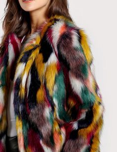 Beautiful unique multicolor round neck Colorful Faux Fur waist length Coat Colorful Faux Fur Coat, Shaggy Faux Fur Coat, Shaggy Jacket, Faux Fur Cardigan, Mode Mantel, Coat Women Fashion, Buy List, Concert Outfits, Capes For Women