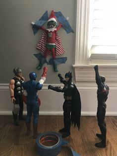 Pretending to be a super hero wont get you far elf on the shelf Christmas time season elf ideas Batman captain America Thor Spider-Man merry Christmas Elf On The Shelf Arrival, Elf On The Shelf Idea, Elf Shelf