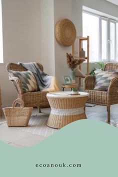 a living room with wicker furniture and green accents on the walls is featured in this article