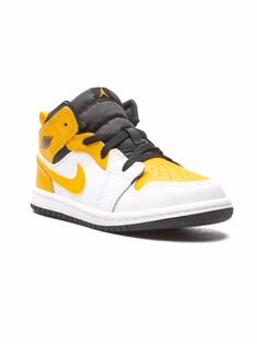 Jordans Retro, Jordan 1 Mid White, Kids Jordan, Gold Sneakers, Mid Top Sneakers, Black White Yellow, Air Jordan Retro, Swoosh Logo, Mid Top