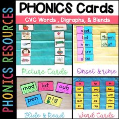 phonics cards with pictures and words to help students learn how to use them