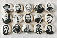 a bunch of cookies that are decorated to look like horror movies and characters on them