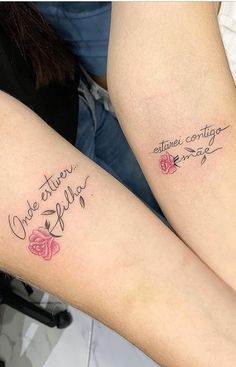 two people with matching tattoos on their legs, one has the word love written in cursive writing