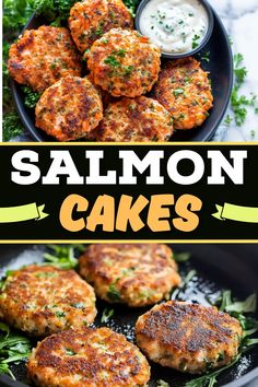 salmon cakes on a plate with sauce and herbs in the background text reads salmon cakes