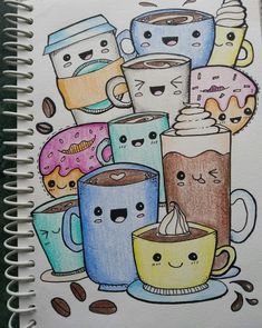 a drawing of coffee and donuts with faces drawn on them in colored pencils